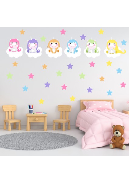 Sevimli Unicornlar Rengarenk Yıldızlar Beyaz Bulutlar Çocuk Odası Duvar Sticker Seti
