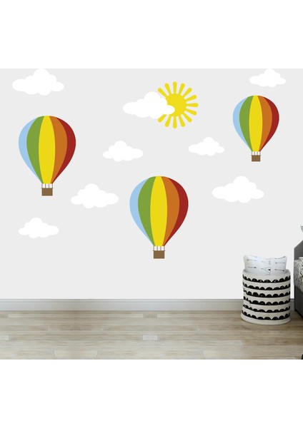 Renkli Uçan Balonlar beyaz Bulutlar Güneş Çocuk Odası Duvar Sticker