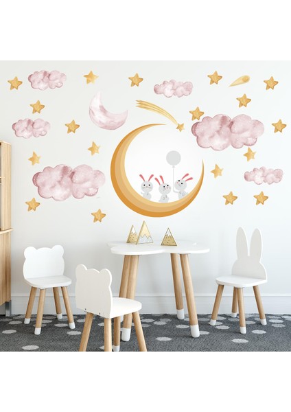 Sevimli Tavşanlar Yıldızlar Pembe Bulutlar Çocuk Odası Sticker