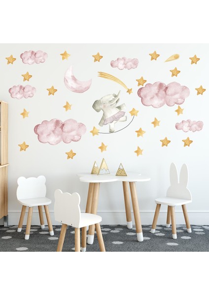 Sevimli Fil Yıldızlar Pembe Bulutlar Çocuk Odası Sticker