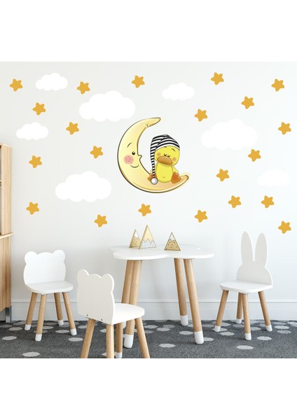 Uyuyan Sevimli Ördek Turuncu Yıldızlar Beyaz Bulutlar Dekoratif Bebek Çocuk Odası Duvar Sticker