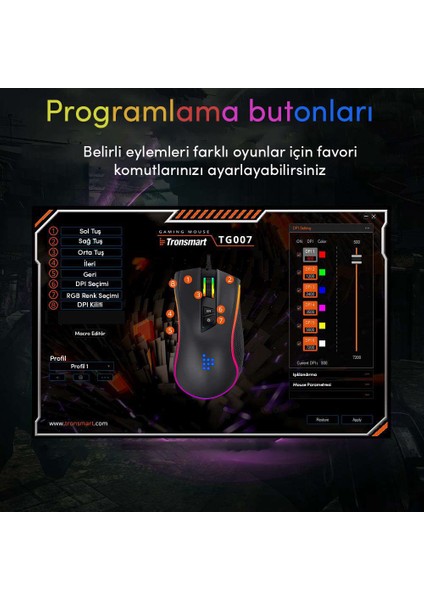 TG007 Makrolu 7200DPI RGB Ledli Gaming Oyuncu Mouse