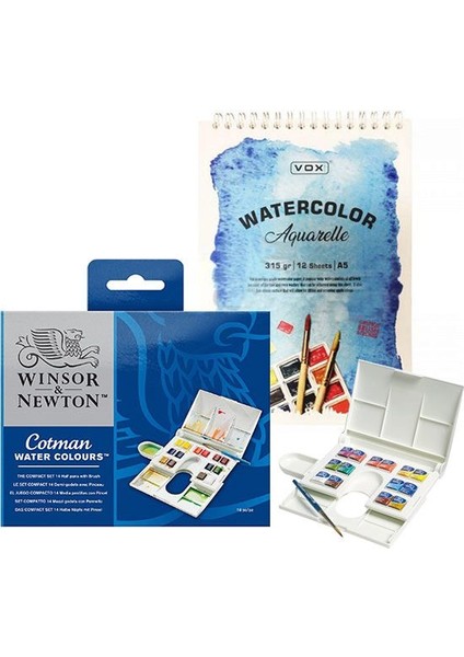 Winsor & Newton Cotman Compact 14'lü Sulu Boya Seti + Defter