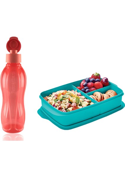 Beslenme Seti (Bölmeli Beslenme Kutusu 1 l ve Eko Şişe 750 ml Mercan)