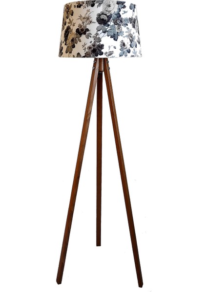 Masif 3 Ayaklı Lambader Tripod Gri Çiçek Açık Ceviz