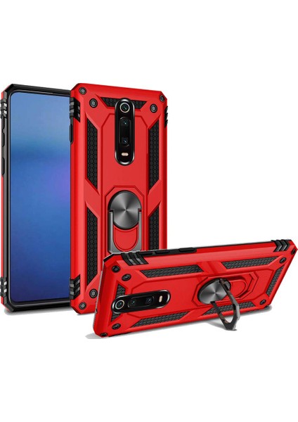 Xiaomi Mi 9T Cam Çift Katmanlı Yüzüklü Manyetik Vega Kapak Kırmızı