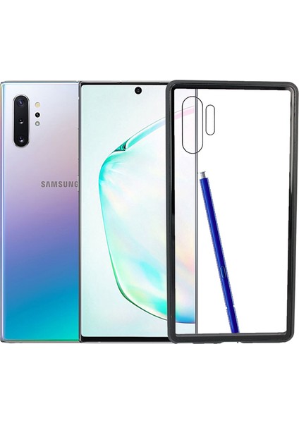 Samsung Galaxy Note 10 Plus Kılıf 360 Tam Koruma Arkası Cam Şeffaf Mıknatıslı Devrim Siyah