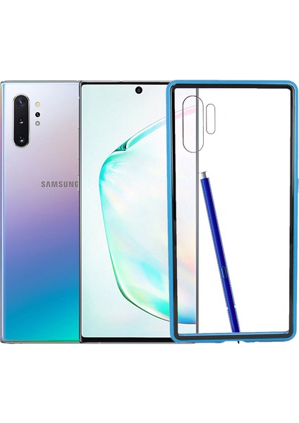 Samsung Galaxy Note 10 Plus Kılıf 360 Tam Koruma Arkası Cam Şeffaf Mıknatıslı Devrim Mavi