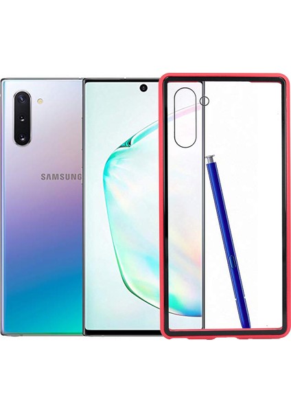 Samsung Galaxy Note 10 Kılıf 360 Tam Koruma Arkası Cam Şeffaf Mıknatıslı Devrim Kırmızı