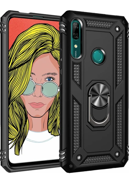 Case 4U Honor 9X - Huawei Y9 Prime 2019 Kılıf Çift Katmanlı Yüzüklü Manyetik Vega Kapak Siyah