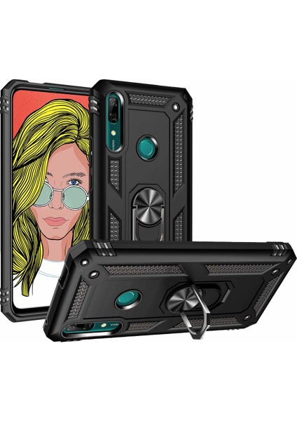 Honor 9X - Huawei Y9 Prime 2019 Kılıf Çift Katmanlı Yüzüklü Manyetik Vega Kapak Siyah