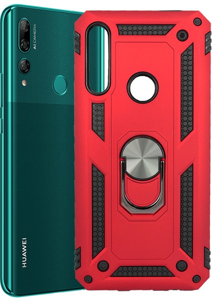 Honor 9X - Huawei Y9 Prime 2019 Kılıf Çift Katmanlı Yüzüklü Manyetik Vega Kapak Kırmızı