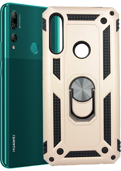 Case 4U Honor 9X - Huawei Y9 Prime 2019 Kılıf Çift Katmanlı Yüzüklü Manyetik Vega Kapak Altın