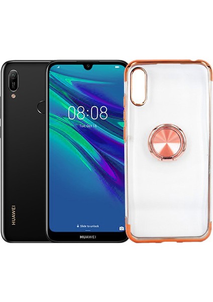 Huawei Y6 2019 Kılıf Yüzüklü Standlı Manyetik Silikon Gess Arka Kapak Rose Gold