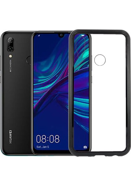 Huawei P Smart 2019 Kılıf 360 Tam Koruma Arkası Cam Şeffaf Mıknatıslı Devrim Siyah