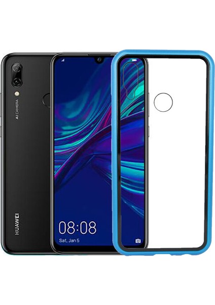 Huawei P Smart 2019 Kılıf 360 Tam Koruma Arkası Cam Şeffaf Mıknatıslı Devrim Mavi