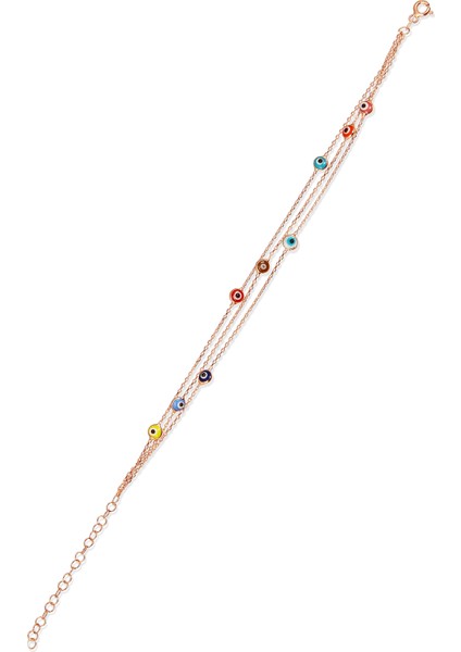 Renkli Nazar Boncuklu Çok Zincirli Gümüş Bileklik