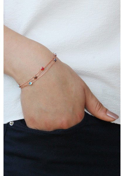 Renkli Nazar Boncuklu Çok Zincirli Gümüş Bileklik fiyatları