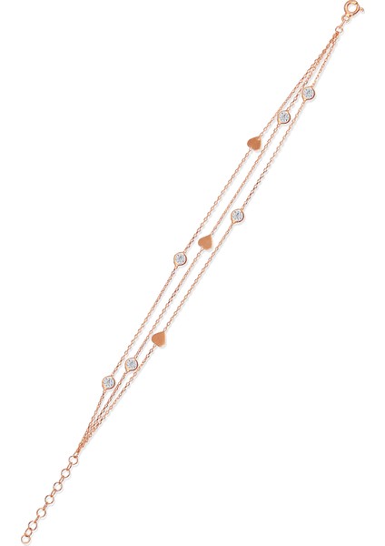 Zirkon Taşlı Gümüş Kalpli Çok Zincirli Bileklik