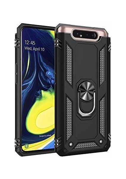 Samsung Galaxy A80 Çift Katmanlı Yüzüklü Standlı Manyetik Doom Kılıf + Tam Kaplayan Cam Siyah