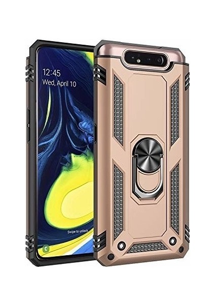 Samsung Galaxy A80 Çift Katmanlı Yüzüklü Standlı Manyetik Doom Kılıf + Nano Ekran Koruyucu Gold