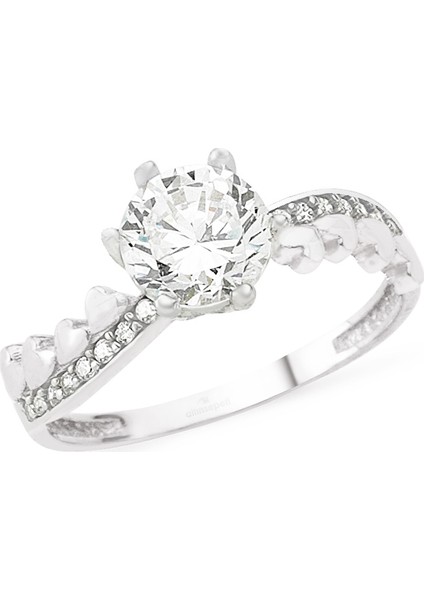 Altınsepeti Beyaz Altın Sıralı Kalpler Tektaş Yüzük AS8Y76R1