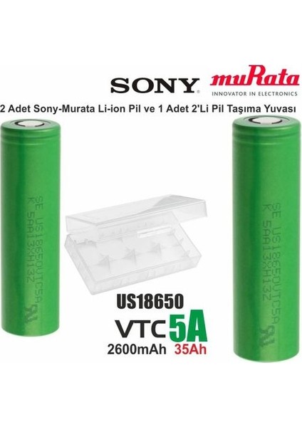 Sony-Murata VTC5A 18650 35AH Li-Ion Şarjlı Pil / 2 Adet Pil + 1 Adet Pil Kutusu