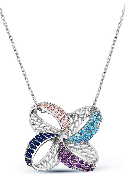 Dört Yapraklı Tasarım Gümüş Çiçek Kolye