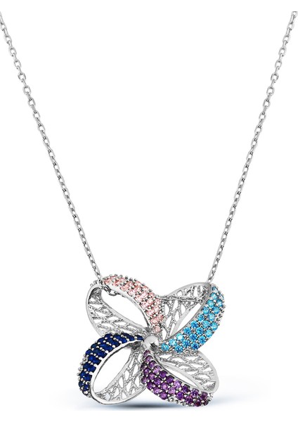 Dört Yapraklı Tasarım Gümüş Çiçek Kolye modelleri