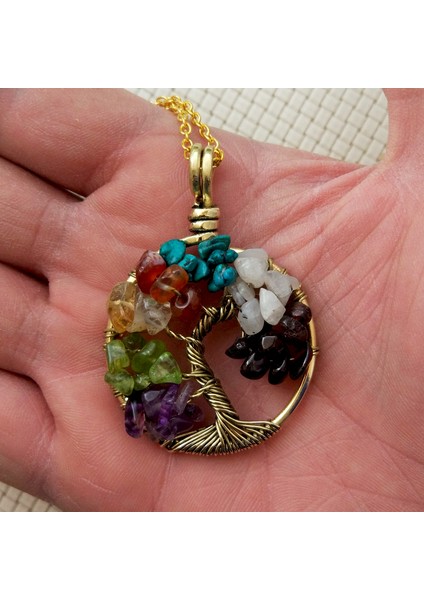 7 Farklı Kristalli El Yapımı Hayat Ağacı Çakra Kolyesi ''Tree Of Life Pendant''