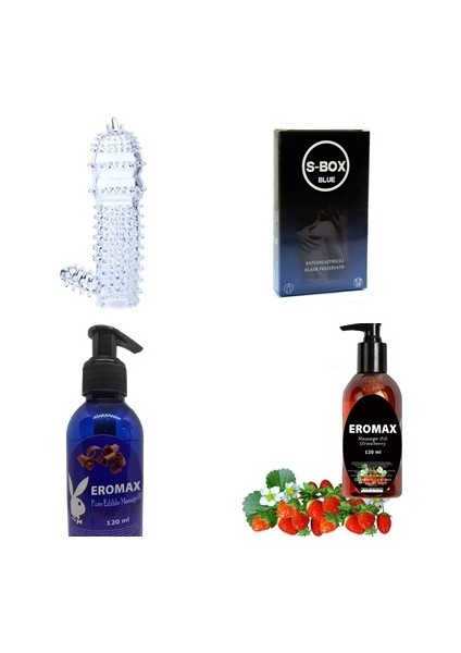 Şeffaf Tırtıklı Kılıf Prezervatif + Çikolata Aromalı Masaj Yağı + 120 ml Çilekli Jell + Prezervatif Seti