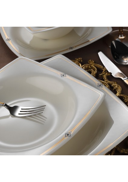Bone Mare 10605 Altın Desen 62 Parça Yemek Takımı Kare