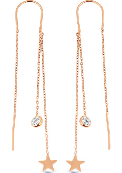 K046301 Yıldızlı Ve Taşlı Gümüş Tasarım Zincir Küpe