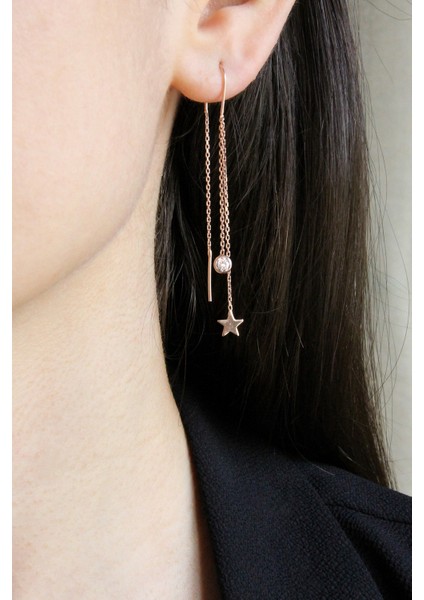 K046301 Yıldızlı Ve Taşlı Gümüş Tasarım Zincir Küpe fiyatları