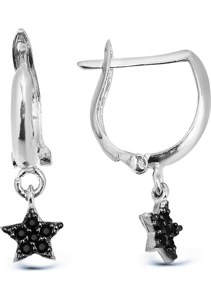 K050301 Siyah Taşlı Gümüş Yıldız Küpe