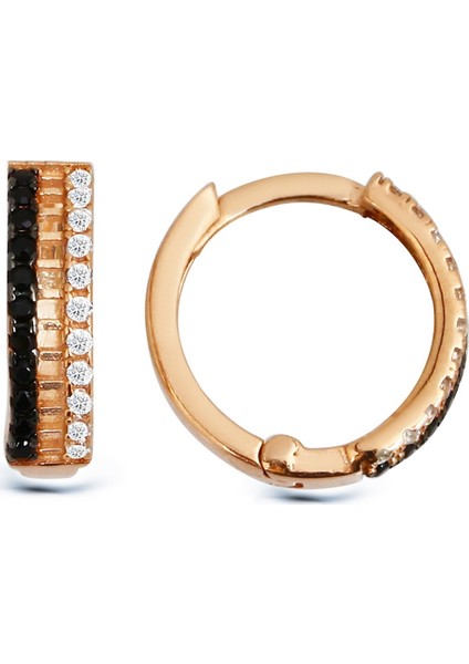 K050501 Siyah Beyaz Taşlı Gümüş Halka Küpe