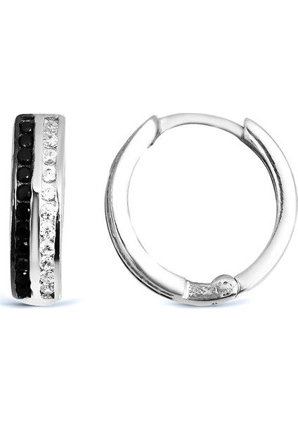 K051201 Siyah Beyaz Taşlı Gümüş Halka Küpe