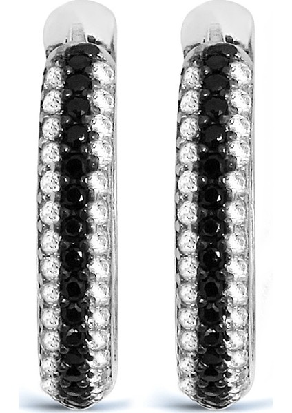 K051601 Siyah Beyaz Taşlı Gümüş Halka Küpe