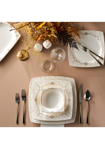 Mühür Fine Cream 60 Parça 12 Kişilik Porselen Yemek Takımı Gold Kare