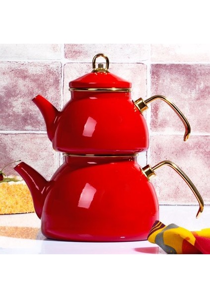 Kitchen Word Dolmabahçe Keyfi Ala Emaye Çaydanlık Seti Kırmızı