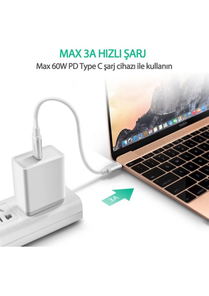 USB-C to USB-C 60W 3A QC PD Hızlı Şarj Kablosu, 1 Metre, Beyaz - 60518