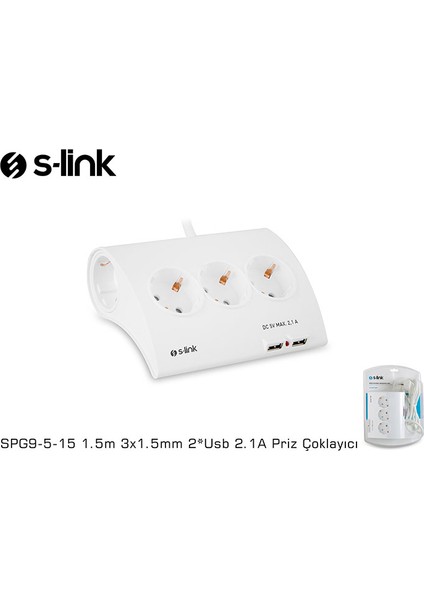 S-link SPG9-5-15 Akım Koruma ve 2 Adet 2.1A Usb Şarj Soketli Beşli Masaüstü Grup Priz