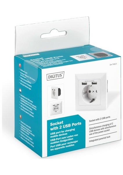 DA-70613 Sıva Altı Priz 2x USB Port 1x Topraklı Fiş Yuvası