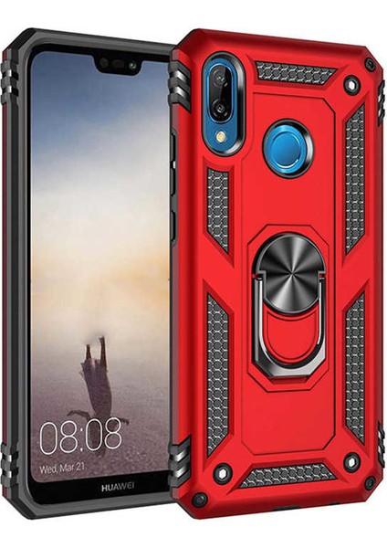 Tekno Grup Huawei P20 Lite Kılıf Yüzüklü Standlı Manyetik Vega Kapak - Kırmızı + Cam Ekran Koruyucu