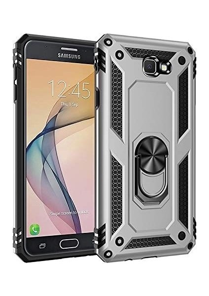 Tekno Grup Samsung Galaxy J7 Prime Kılıf Yüzüklü Standlı Manyetik Vega Kapak - Gümüş + Cam Ekran Koruyucu