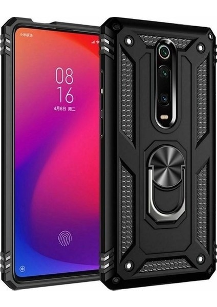 Xiaomi Mi 9T Kılıf Yüzüklü Standlı Manyetik Vega Kapak - Siyah + Nano Ekran Koruyucu