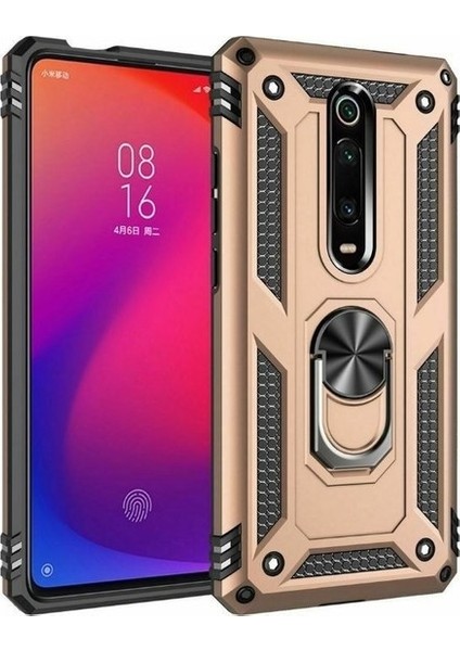 Xiaomi Mi 9T Kılıf Yüzüklü Standlı Manyetik Vega Kapak - Gold + Nano Ekran Koruyucu