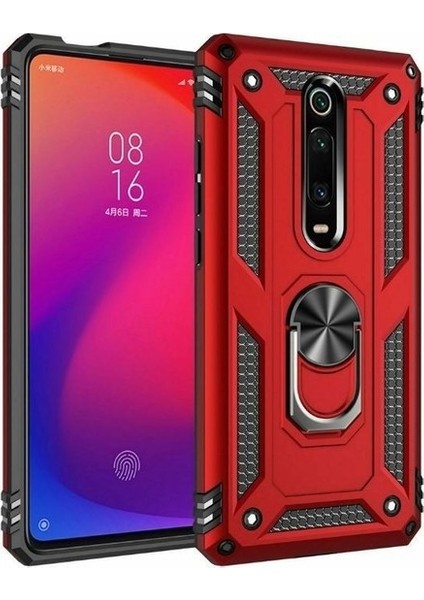 Xiaomi Mi 9T Kılıf Yüzüklü Standlı Manyetik Vega Kapak - Kırmızı + Nano Ekran Koruyucu