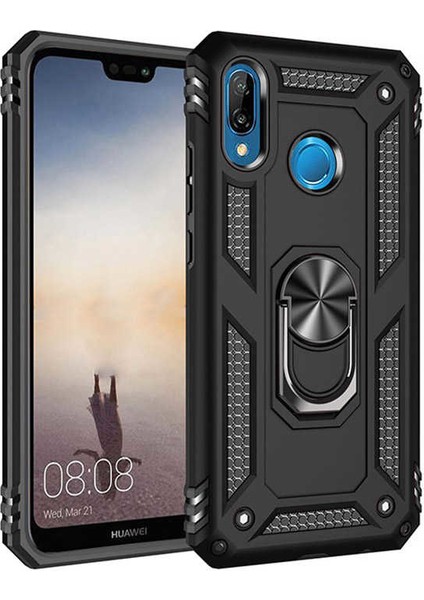 Huawei P20 Lite Kılıf Yüzüklü Standlı Manyetik Vega Kapak - Siyah + Tam Kaplayan 6D Nano Ekran Koruyucu