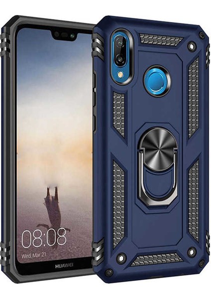 Huawei P20 Lite Kılıf Yüzüklü Standlı Manyetik Vega Kapak - Lacivert + Tam Kaplayan 6D Nano Ekran Koruyucu